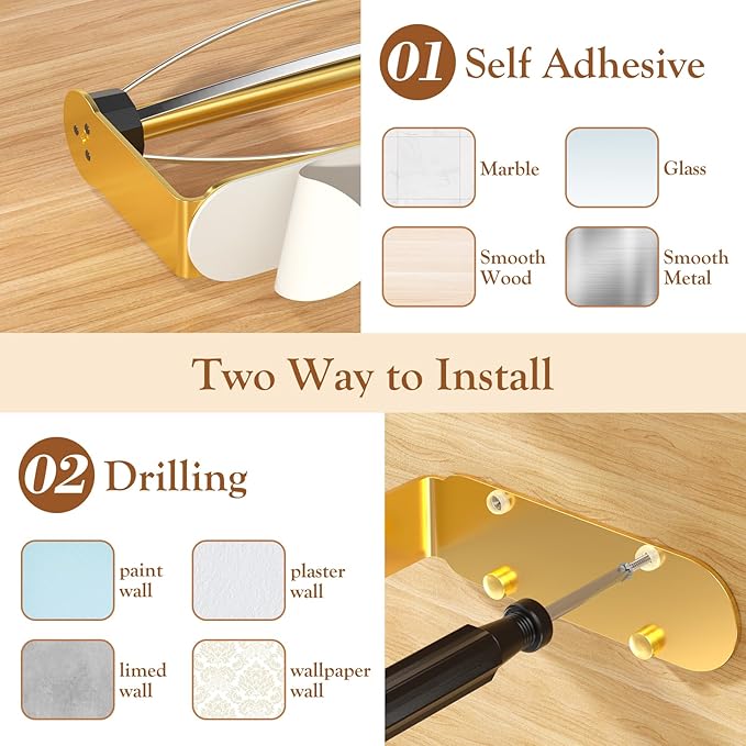 Paper Towel Holder Under Cabinet with 2 Hooks, Paper Towel Holder Wall Mount with Damping Effect, Self-Adhesive or Drilled Paper Roll Holders for Kitchen, Bathroom, RV(Gold)