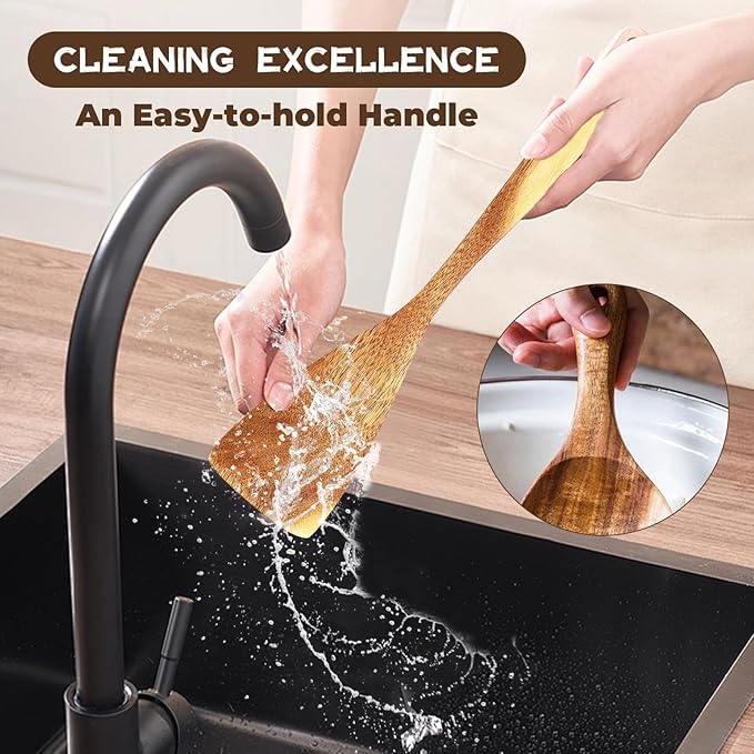 Wooden Spoons for Cooking, 9 Pieces Natural Acacia Kitchen Utensils Set, Long Handles Heat Resistant Kitchen Wooden Cookware for Nonstick Pan (9)