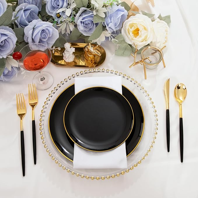 I00000 144 PCS Black Silverware Set, Plastic Silverware with Black Handle, Gold Plastic Cutlery Includes: 48 Forks, 48 Knives and 48 Spoons for Party or Dinner& Wedding