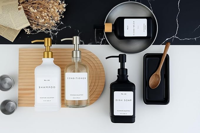 Emerson Essentials Soap Dispenser, Dish Soap Dispenser, Soap Dispenser Bathroom Set, Hand Soap Dispenser, Kitchen Soap Dispenser Set, Glass Soap Dispenser with Pump and Labels | 16 Oz 2-Pack