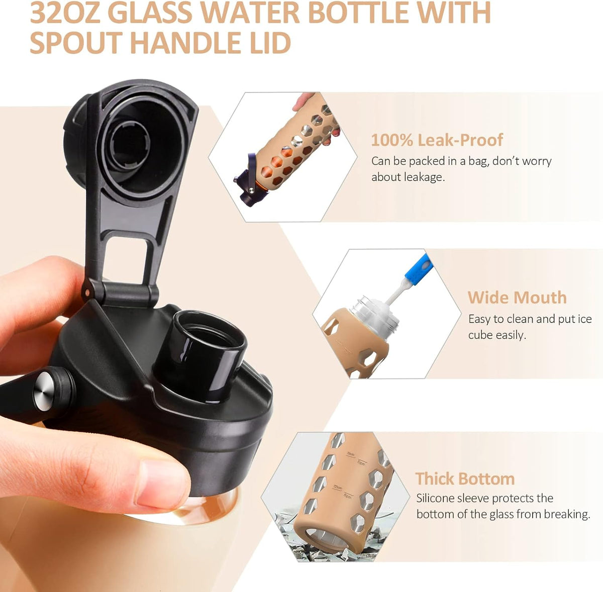MUKOKO 32oz Glass Water Bottles with 2 Lids-Handle Spout Lid&Bamboo Straw Lid, Motivational Water Tumbler with Time Marker Reminder and Silicone Sleeve, Leakproof-Amber-1 Pack