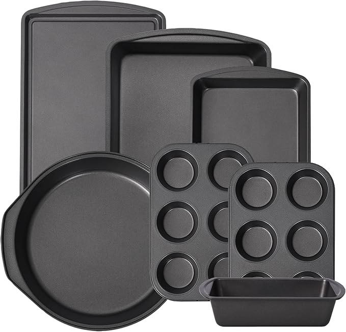 LISI 7 Piece Baking Pans Set Non Stick, Heavy-Duty Carbon Steel Oven Pan Set Include Muffin Pan, Loaf Pan, Cake Pan & Roasting Pan, PFA Free Non Toxic Make a Great Gift for Family