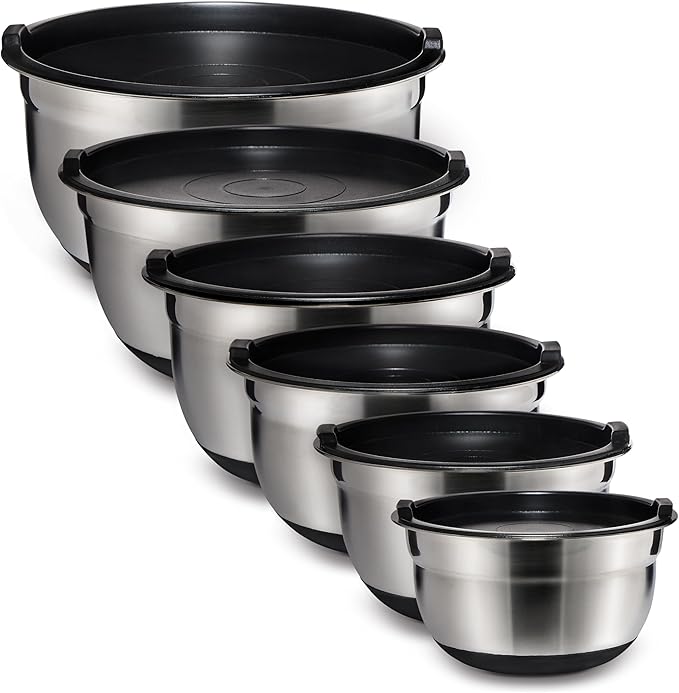 COOK WITH COLOR Stainless Steel Mixing Bowls Set with Lids - Nesting Bowls with Non-Slip Bottom, Black, 12 Pieces