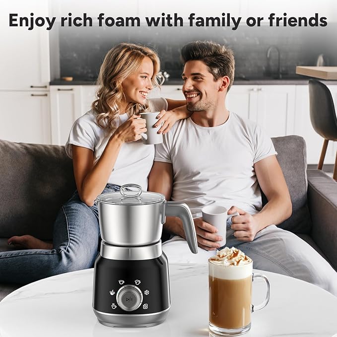 6-in-1 Electric Milk Frother and Steamer with Detachable Cups, Automatic Cold and Warm Foam Maker for Lattes/Cappuccinos/Hot Chocolate, Dishwasher Safe Black