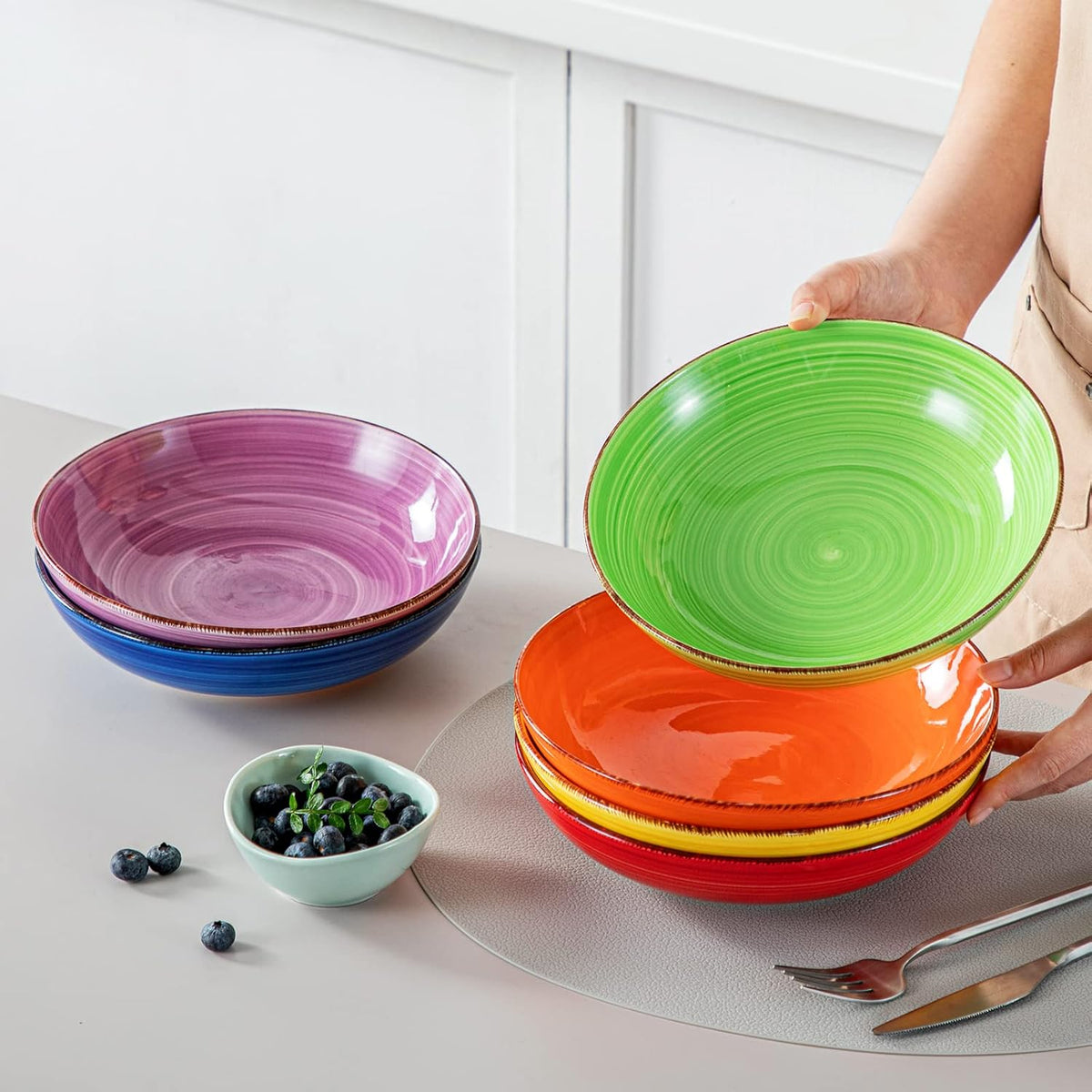 vancasso Bonita Pasta Bowls Set of 6, 38 oz Shallow Bowls, Ceramic Pasta Plates and Salad Bowls, Microwave & Dishwasher Safe Serving Bowls, Assorted Colors