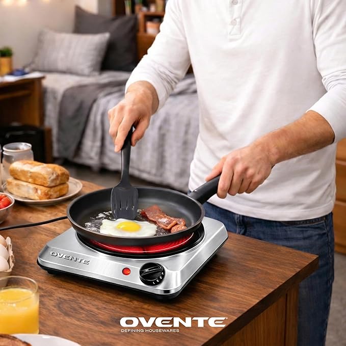OVENTE Countertop Infrared Single Burner, 1000W Electric Hot Plate with 7” Ceramic Glass Cooktop, 5 Level Temperature Setting & Easy to Clean Base, Compact Stove for Home Dorm Office, Silver BGI101S