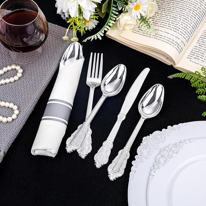 Liacere 400PCS Silver Plastic Silverware - Pre Rolled Napkins Disposable Silver Cutlery-Premium Quality Gold Plastic Utensils - Includes 100Forks,100Knives,100Spoons,100Napkins&Christmas