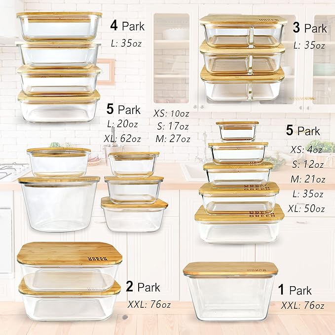 Glass Containers with Bamboo Lids for Food Storage and Meal Prep, Set of 5