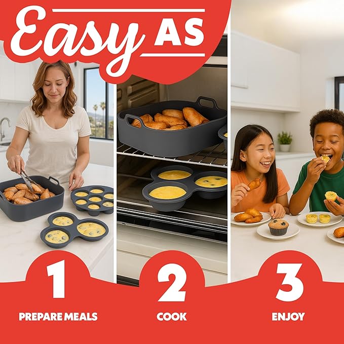 Gourmia Air Fryer Accessories Set - 3 Piece Silicone, Liner, Egg Bite Cooker, 7-Hole Cupcake Mold, BPA-Free, Nonstick, Heat Resistant 445°F, Dishwasher Safe, Food Grade