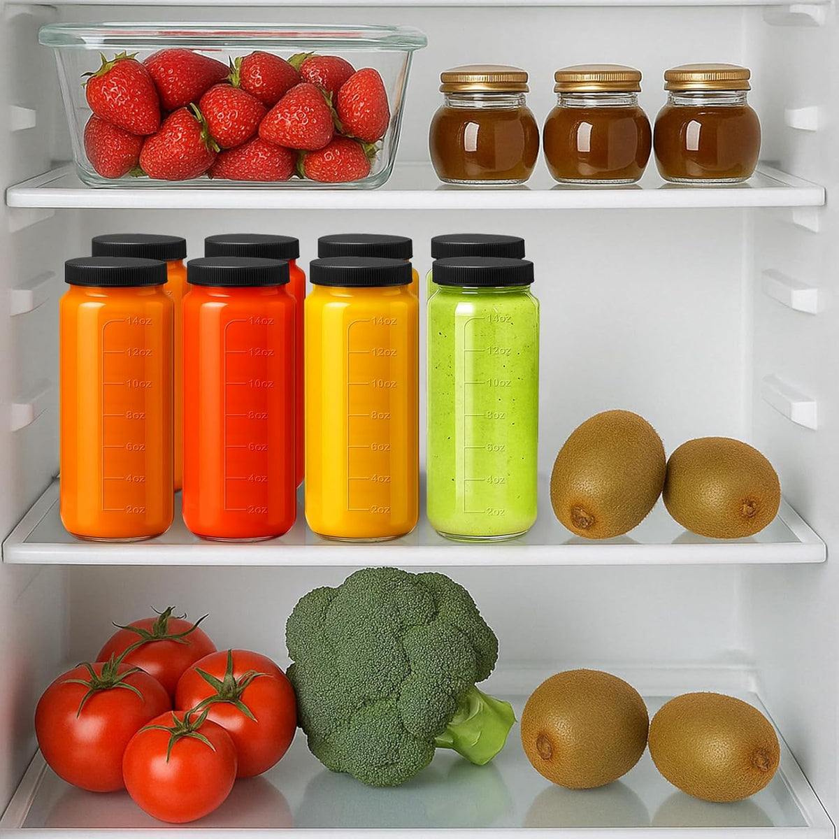 Ruckae 16oz 12 Pack Juice Bottles, Glass Bottles Juicing with Lids, Smoothie Cup Lids and Straws, Water Bottle Mason Jar Drinking Glasses for Juicing, Smoothies, Kombucha