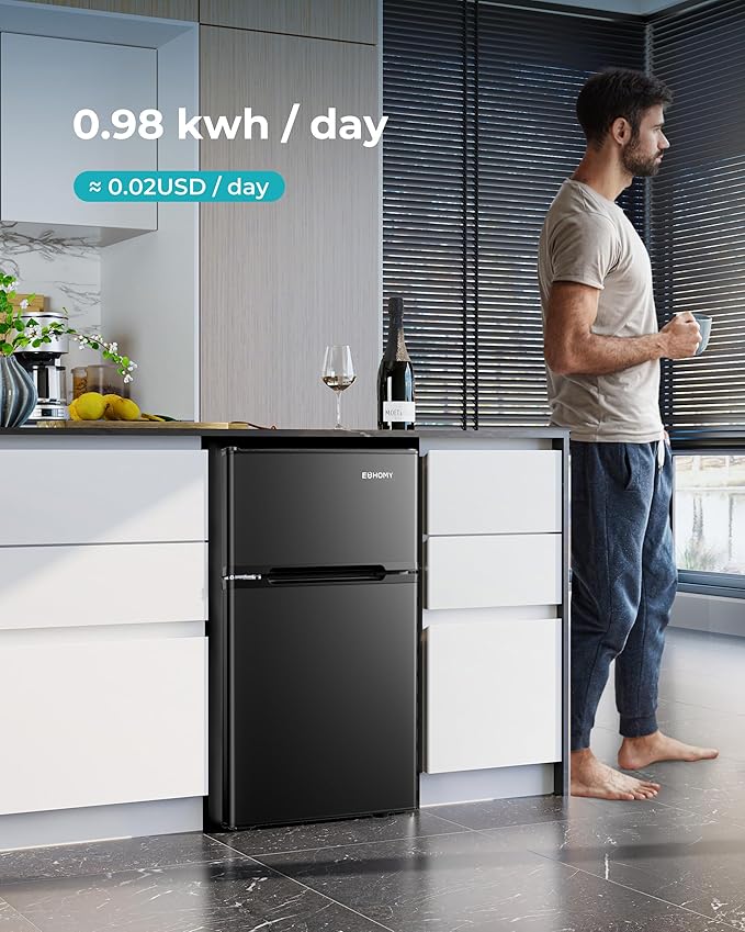 EUHOMY Mini Fridge with Freezer, 3.2 Cu.Ft Mini Refrigerator, Dorm Fridge with 2 Door For Bedroom/Apartment/Office-Food Storage Cooling Drink, Black