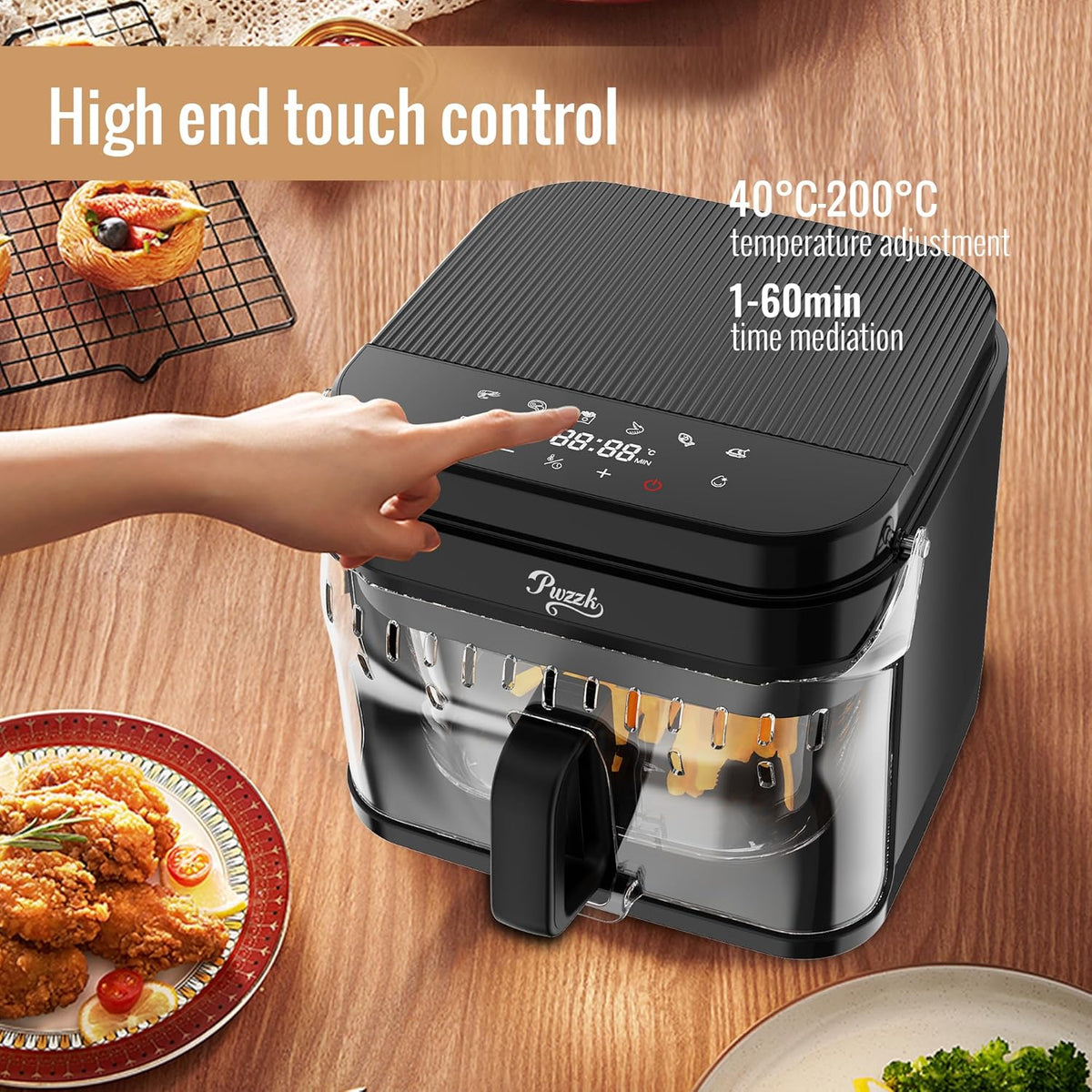 5.8QT Glass Air Fryer, Borosilicate Glass Basket, Non-Toxic BPA & Teflon Free, 8 Presets, Infrared Heating, Flip-Up Safety Shield, Oil-Free Cooking, Easy Clean for Small Homes