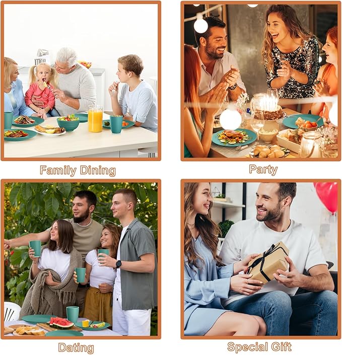 Wheat Straw Dinnerware Sets 40 PCS Unbreakable Dishes Set for Kitchen, Outdoor, Camping Dishes Plates and Bowls Sets with Cups, Dessert Plates, Dishwasher & Microwave Safe - Green