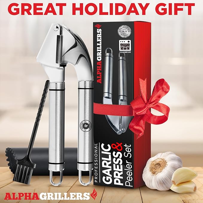 Alpha Grillers Garlic Press Stainless Steel - Professional Garlic Mincer and Crusher with Silicone Peeler Dishwasher Safe