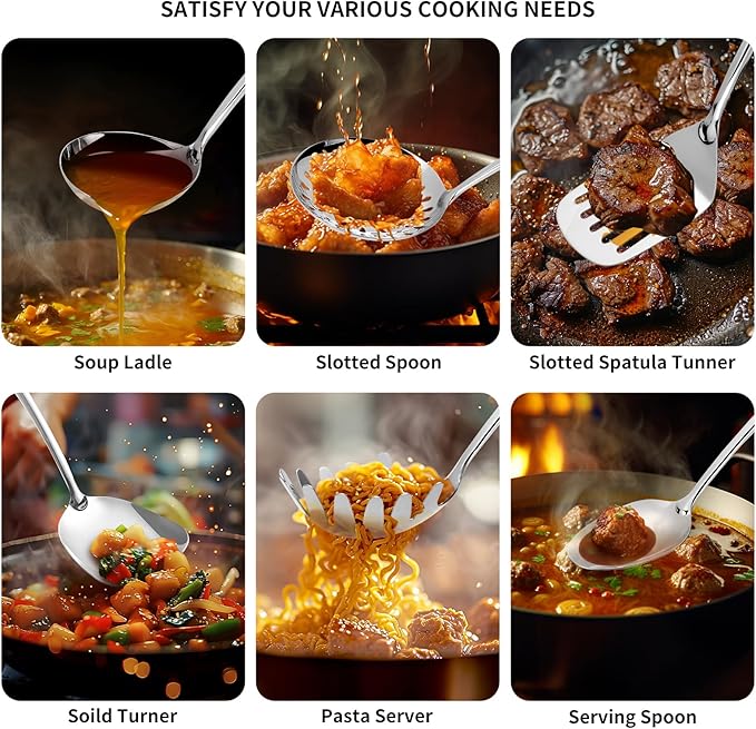 304 Stainless Steel Cooking Utensils Set,6 Pcs Long Metal Kitchen Utensils Set with Spatula, Solid Spoon, Ladle, Skimmer, Spaghetti Spoon,Dishwasher Safe