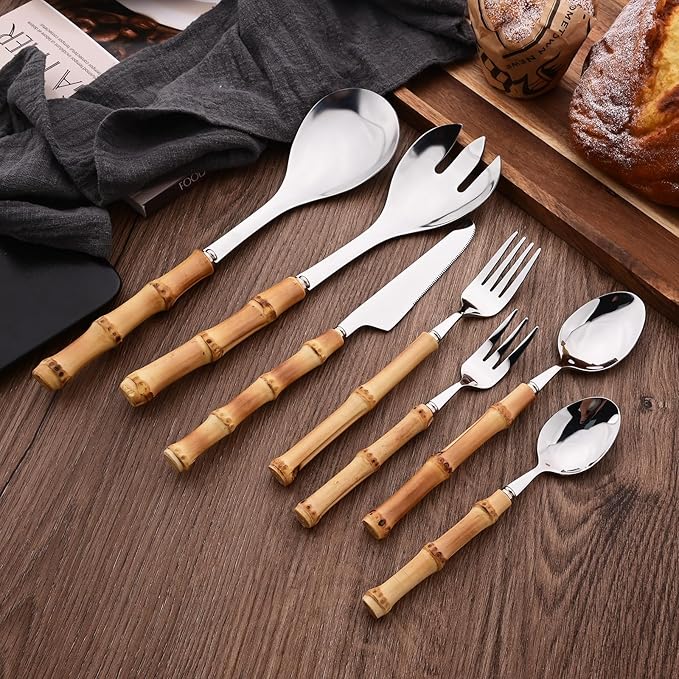 Dinner Knife Set with Bamboo Handle, 8-Piece Stainless Steel Shiny Silver Dinner Knives, Creative Design Table Knives for Home Restaurant, 8.74 inch, Handcrafted