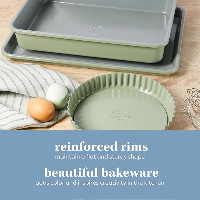 Sur La Table Kitchen Essential Carbon Steel Baking Pans Bakeware Set W/Premium PFOA, PFAS, PTFE Free Grey Non stick - Juniper Green Exterior