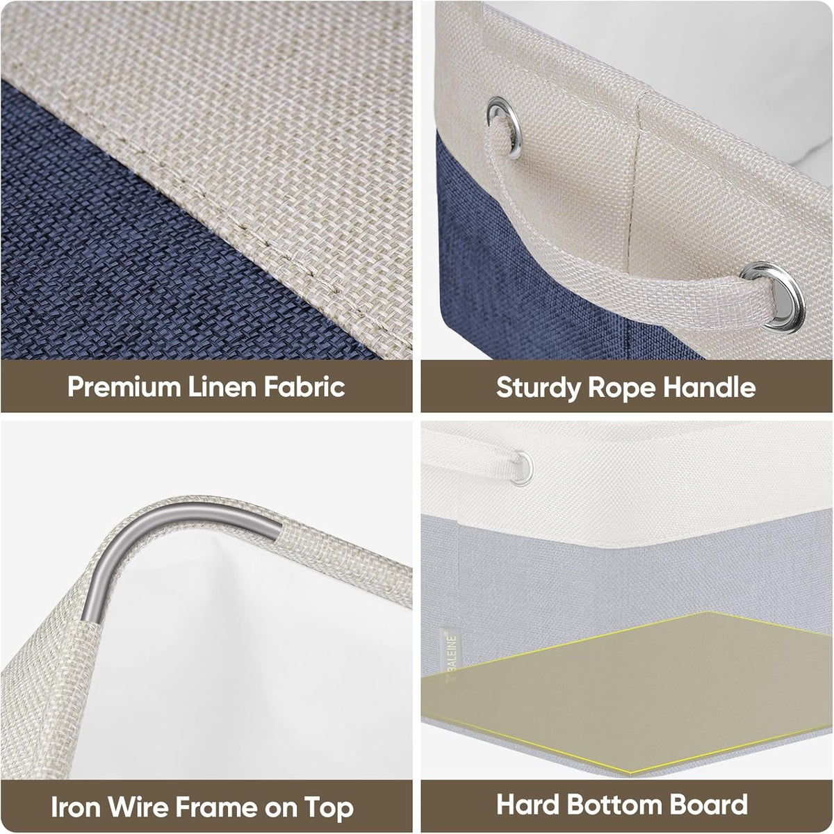 BALEINE 3 Pack Fabric Storage Bins for Shelves, Linen Storage Baskets for Organizing, Decorative Closet Bins for Clothes, Home (Navy Blue, 15"x11"x9.5")