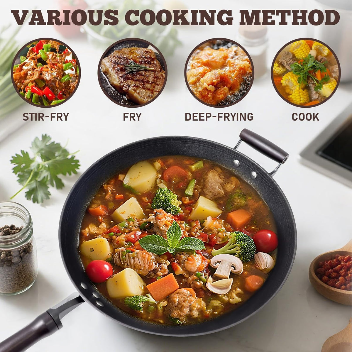 HONGJIANG Cast Iron Wok Pan, 13.4" Pre-Seasoned Flat Bottom Wok,Coating-Free Wok Stir Fry Pan With Glass Lid,Compatible Traditional Chinese Wok For Induction, Electric, Gas,Open Fire