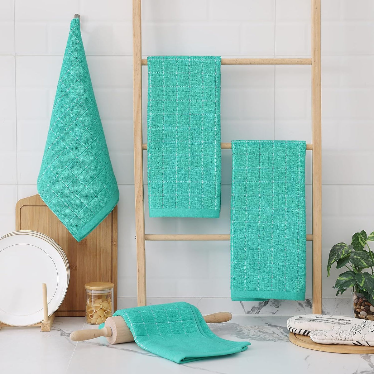 Homaxy 100% Cotton Terry Kitchen Towels(Turquoise, 13 x 28 inches), Checkered Designed, Soft and Super Absorbent Dish Towels, 6 Pack