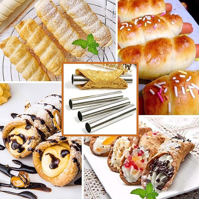 6 Pcs Non-stick Cream Horn Molds Stainless Steel, 4.92 inch Large Size Cannoli Tubes Kit Baking Cones Pastry Roll Horn Croissant Mold for Christmas Anniversary and Daily Use