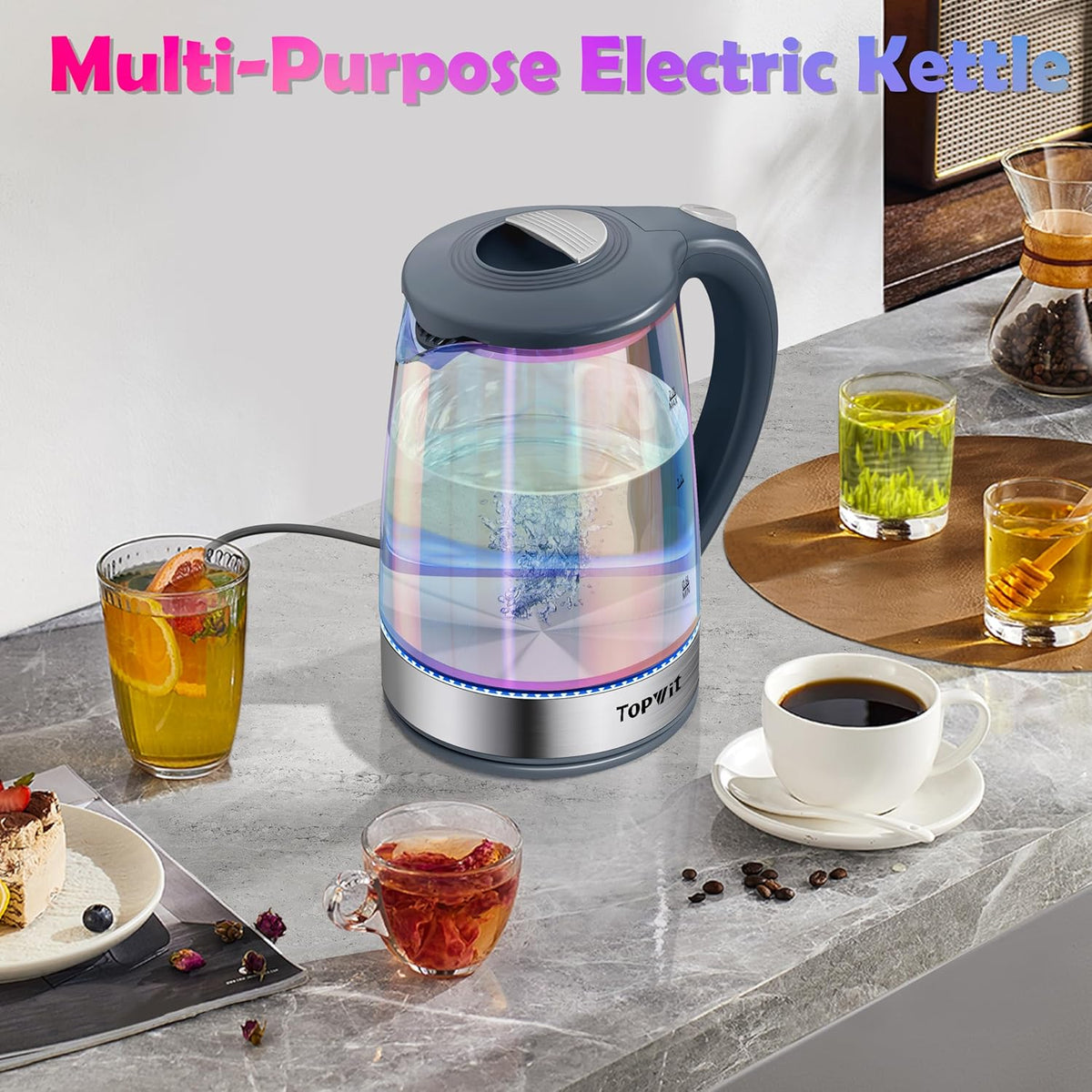 TOPWIT Electric Kettle, Colorful Glass Tea Kettle, 2.0L Hot Water Kettle Electric, BPA-Free Stainless Steel Lid & Bottom, Electric Kettles for Boiling Water, Auto Shut-Off & Boil Dry Protection, Grey