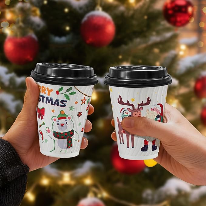 Christmas 100 Pack Coffee Cups with Lids 12oz, Disposable Insulated Ripple Wall To Go Paper Coffee Cups for Hot/Cold Drinks Office Home Shop Event