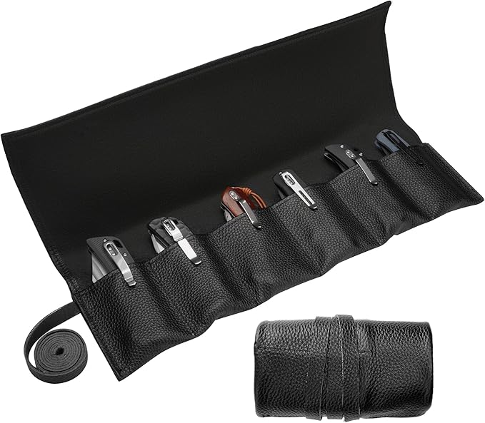 Real Leather Pocket Knife Roll with 6 Slots – Folding Knife Display Bag, Tactical Outdoor EDC Storage Protector, Compact Mini Case for Knives