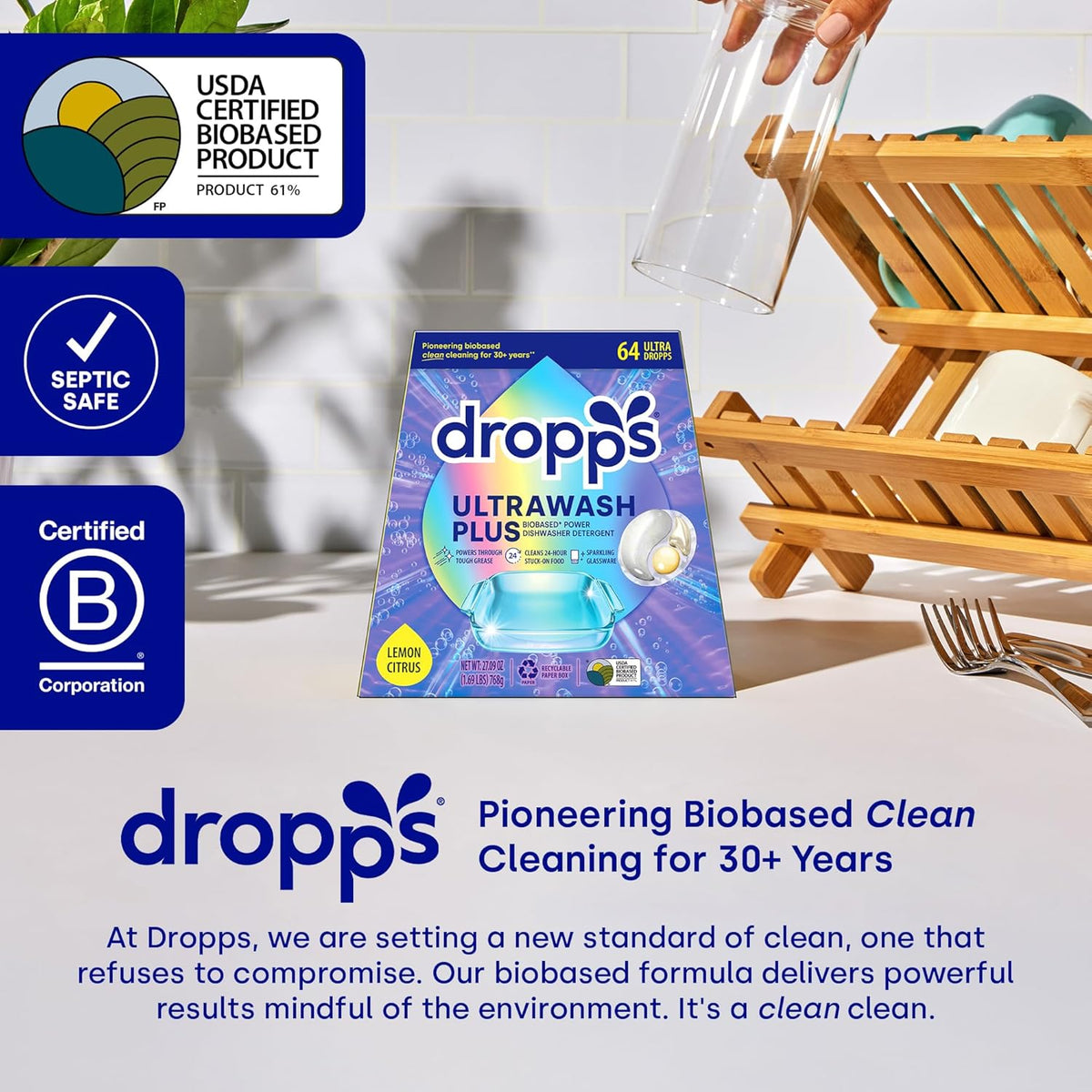 Dropps UltraWash Plus Dishwasher Detergent, Lemon Citrus (64 Pods) - Triple Action Biobased Power Deep Clean Dishwasher Detergent Tablets for Tough Stains - Dishwashing Pods for Shiny Dishes