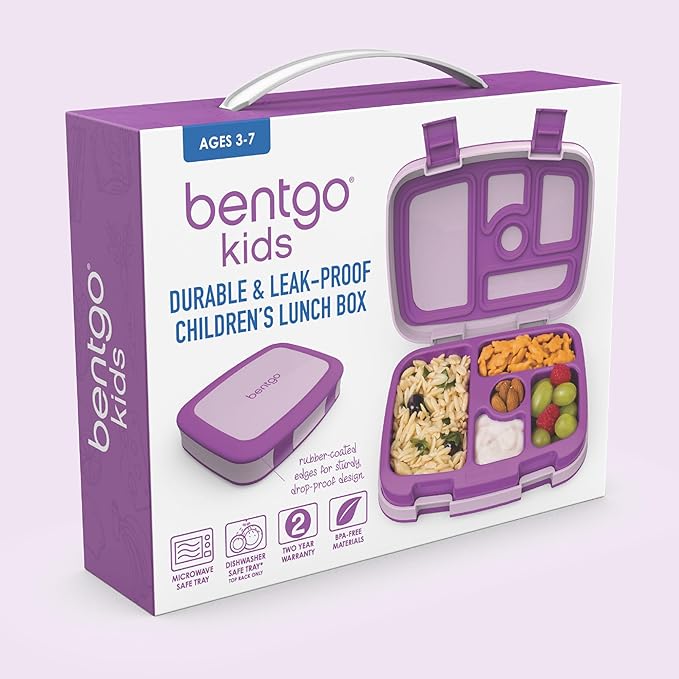 Bentgo Kids Bento-Style 5-Compartment Leak-Proof Lunch Box - Ideal Portion Sizes for Ages 3 to 7 - Durable, Drop-Proof, Dishwasher Safe, PFAS & BPA-Free & Made with Food-Safe Materials (Purple)