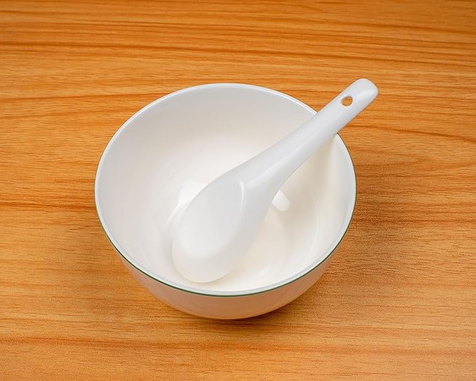 Soup Spoons Set of 10, Ceramic Chinese Soup Spoon, Asian Soup Spoons, White Japanese Spoon Large for Ramen Pho Wonton Dumpling Miso, Deep Oval Hook Design (10 pcs-5.3 inch)