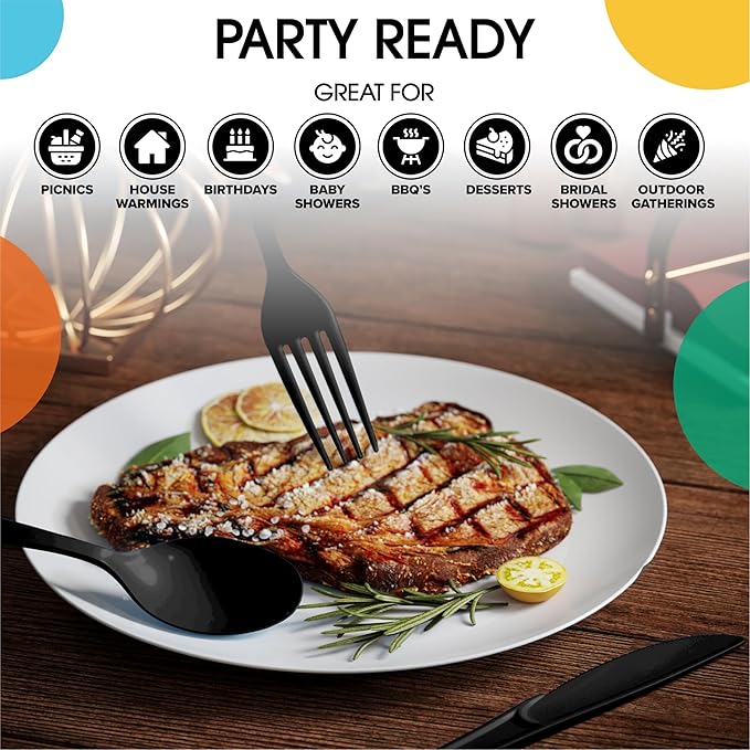 Party Solids Black Plastic Silverware Heavy Duty 300 Pieces Black Plastic Cutlery Sets, Utensil Sets, 100 Of Each Forks, Knives & Spoons Disposable Cutlery Set, Flatware Set For Party Supplies