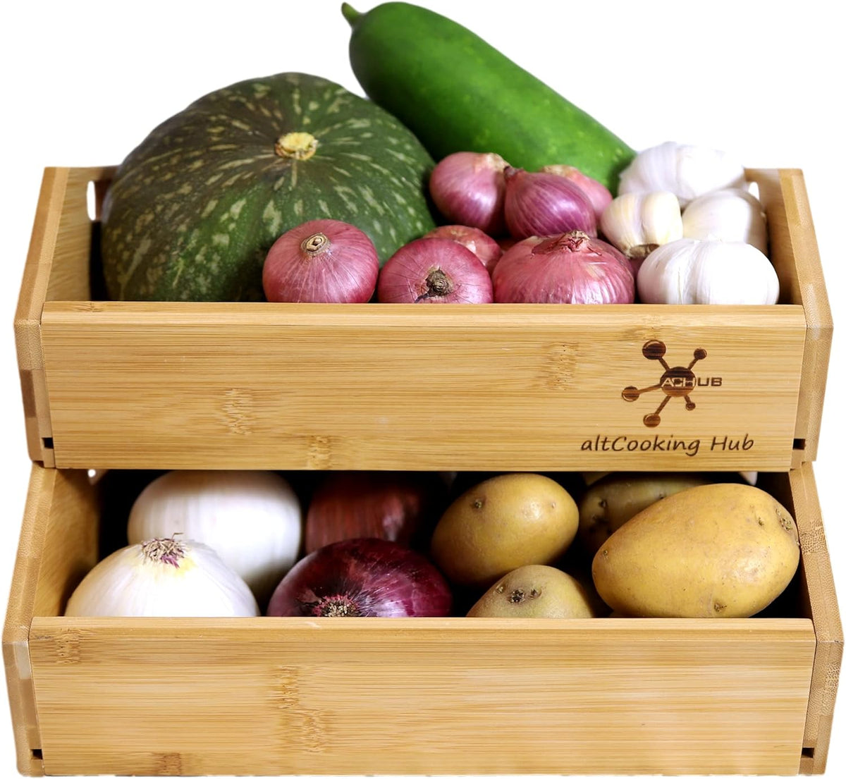 Bamboo Storage Bin - Multipurpose Open Front Stacking Bins for Kitchen & Pantry - Configurable as 2 Tier Bamboo Fruit Basket on Countertop – Ideal for Vegetables, Potato and Onion Storage Bin