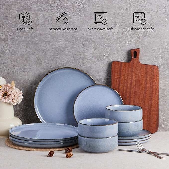 E-far 12-Piece Reactive Glaze Dinnerware Sets, Ceramic Dishes Set for 4, Stoneware Plates and Bowls Dinning Ware, Microwave & Dishwasher Safe - Ocean Blue