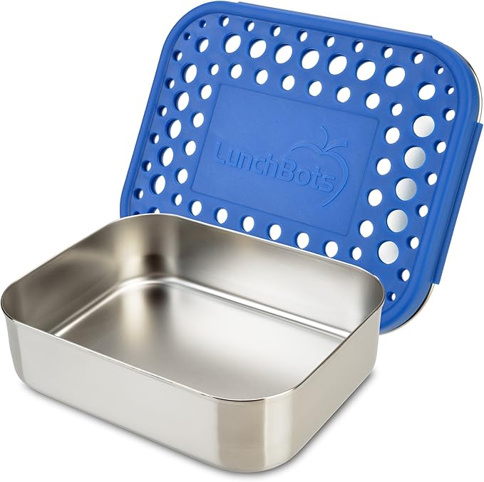 LunchBots Medium Uno Stainless Steel Sandwich Container - Open Design for Wraps - Salads or a Small Meal - Eco-Friendly - Dishwasher Safe and BPA-Free - Blue Dots