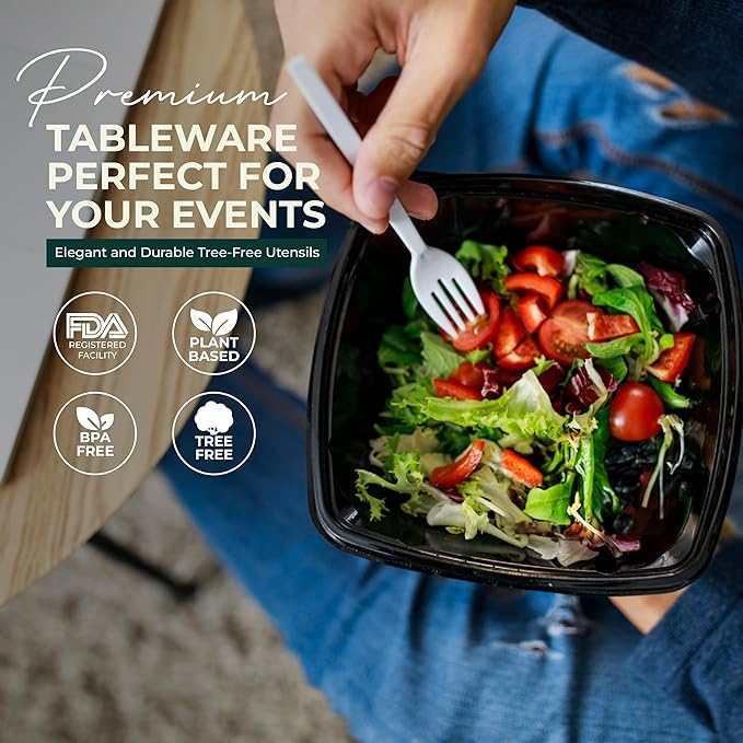 100% Compostable Forks 150 Large biodegradable forks Disposable Compostable Cutlery Silverware Utensils durable and heat resistant alternative to plastic forks with convenient tray by KOALALOVE