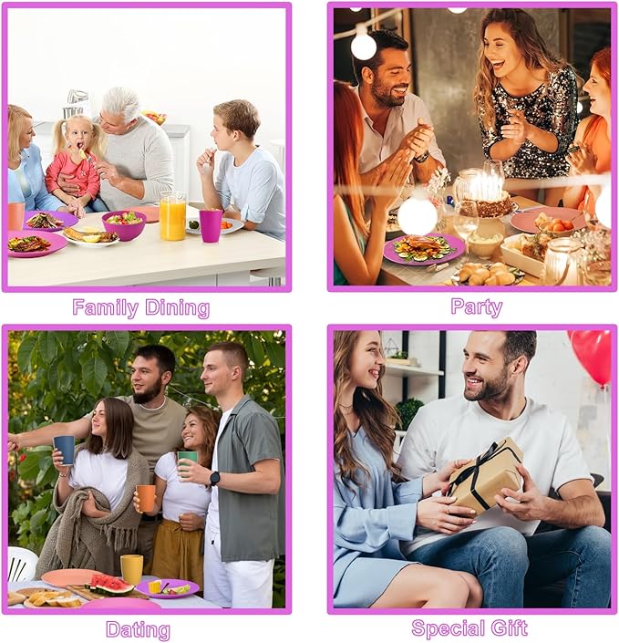 Wheat Straw Dinnerware Sets 40 PCS Bowl and Plate Sets With Cup Dishes Set for 8 Unbreakable Dish Sets Microwave Safe Plates Dinner Bowls Drinking Glasses With 4 Color - Flower Color