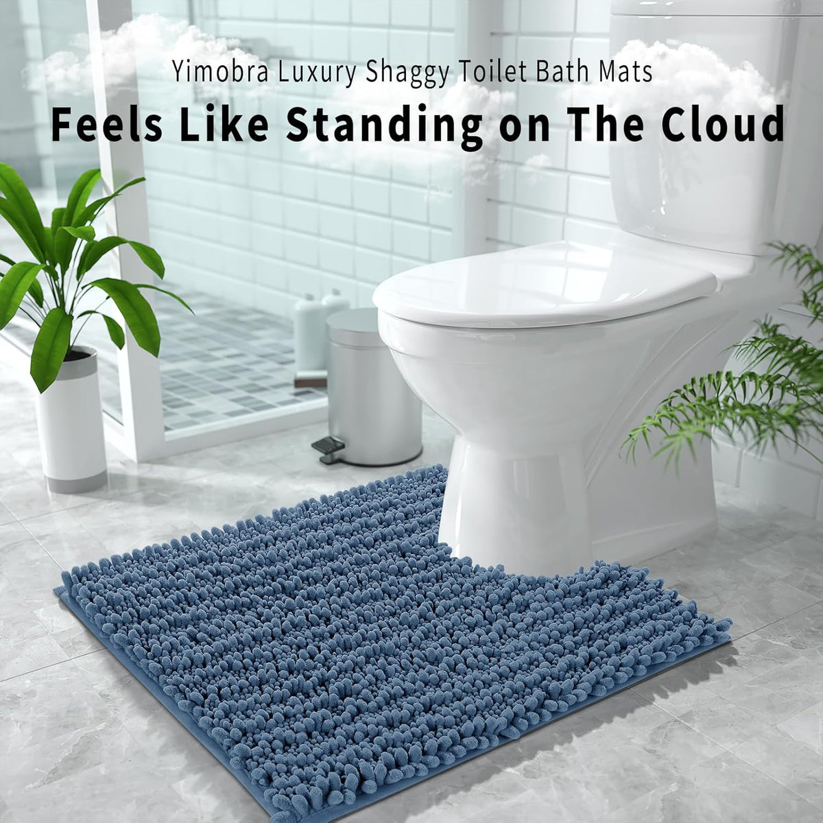 Yimobra Toilet Rug U Shaped Washable 24x20 Inch - Ultra Soft Absorbent Chenille Bath Rugs for Toilet, Quick Dry & Machine Washable, Non Slip Contour Bathroom Mat, Denim Blue