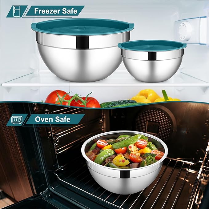 LIANYU 6 Piece Stainless Steel Mixing Bowls, Large Metal Bowls with Airtight Lids Set, 7 & 3.5 & 2.5 QT 2 & 1.5 & 1QT, Kitchen Nesting Bowls for Cooking Prepping Food Storage, Dishwasher Safe, Blue
