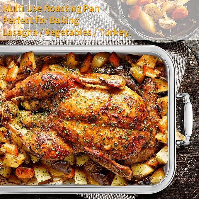 15 Inch Stainless Steel Roasting Pan with V-Shaped Rack and Turkey Baster - Rectangular Roaster for Turkey, Chicken, Vegetables - Fits 20lb Turkey
