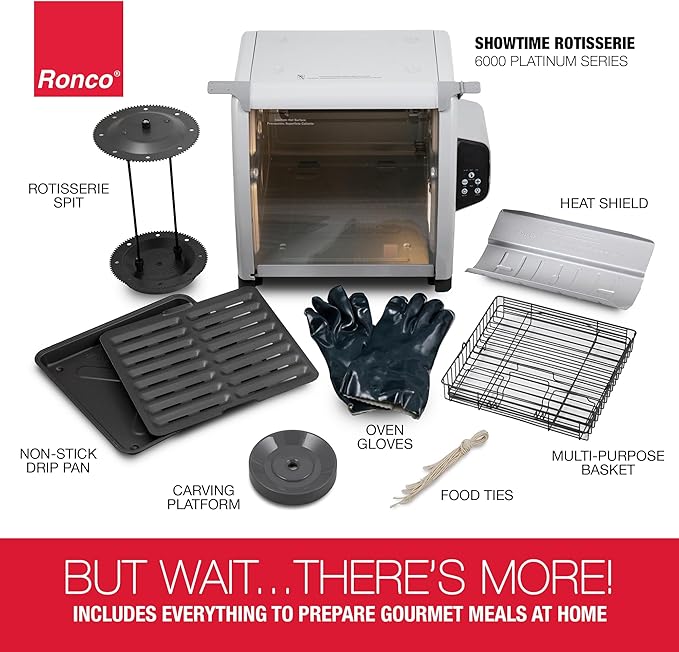 Ronco 6000 Platinum Series Rotisserie Oven, Digital Display, 12-Pound Capacity, Auto Shutoff, Includes Rotisserie Spit, Multi-Purpose Basket, 3 Cooking Functions: Rotisserie, Sear and No Heat Rotation