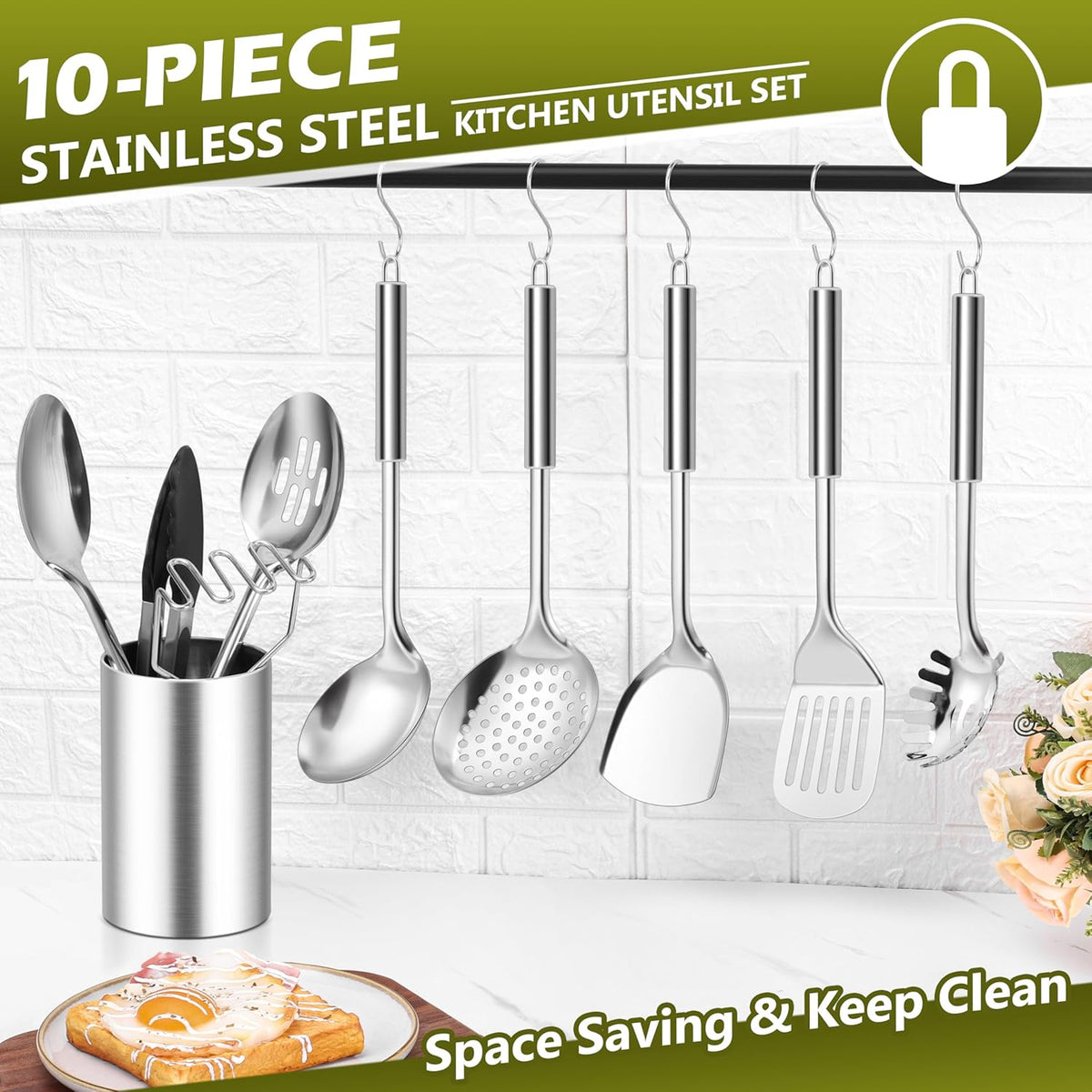 E-far Cooking Utensils Set, 10-Piece Stainless Steel Kitchen Utensils with Holder, Metal Heat Resistant Kitchen Cookware Tool Spatula Set for Cooking, Easy Clean & Dishwasher Safe
