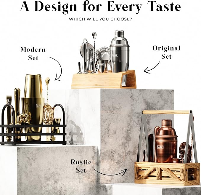 BARE BARREL® Mixology Bartender Kit Bar Set | 14-Piece Cocktail Shaker Set | Martini Barware Mixing Tools for Home Bartending | 35 Recipe Cards | Gift Set (28oz Boston Shaker, Jet Black/Black)
