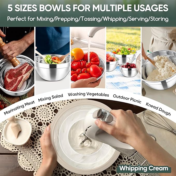 Herogo 5-Piece Mixing Bowls with Airtight Clear Lids, 3 Grater Attachments, Stainless Steel Salad Bowls for Kitchen, Size 4.6, 3.5, 2.5, 2, 1.5QT Ideal for Baking, Prepping and Serving, Khaki