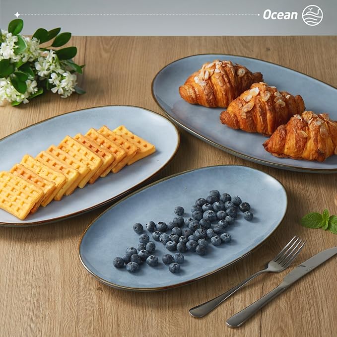 famiware Serving Platter, Oval 15.59/14.3/12.9inch Serving Dishes for Entertaining, Serving Bowls, Reactive Glaze, Stoneware Serving Trays for Party, Food, Turkey, Cheese, Ocean Series, Blue