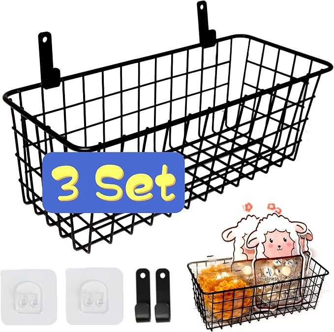 Joben Oligey 3 Set Hanging Wire Baskets ,Wall Mount Fruit Basket,No Drilling,Adhesive Small Metal Basket,Farmhouse Food Storage Mesh Bin Kitchen Pantry Laundry Bathroom Closet Garage RV ,Black