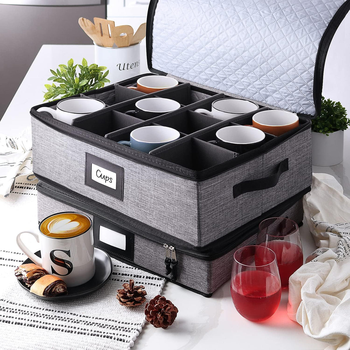 Coffee Mug Storage, 2 Pack Quilted and Stackable Coffee Cup Storage Organizer for Service of 12, Mug Storage Box with Dividers, Mug China Storage Containers Hard Shell for Moving and Seasonal Storage