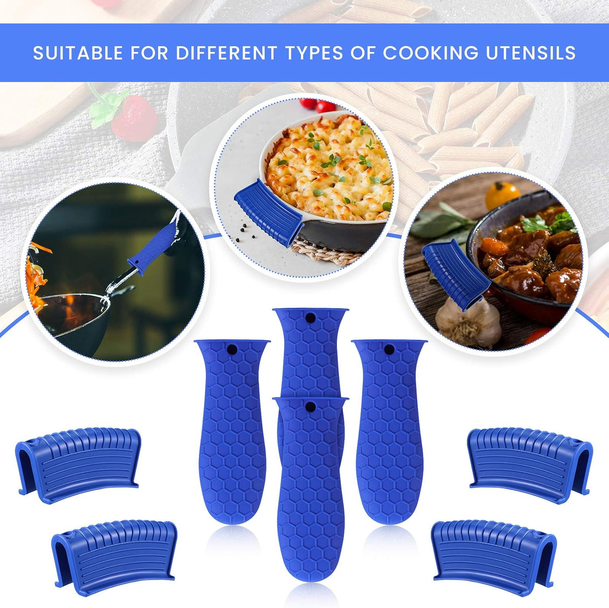 Patelai 8 Pcs Silicone Pot Holders Set Cast Iron Handle Cover Heat Resistant Pot Handle Covers Potholder Non Slip Reusable Pan Sleeve for Frying Pan Kitchen Supplies(Blue)