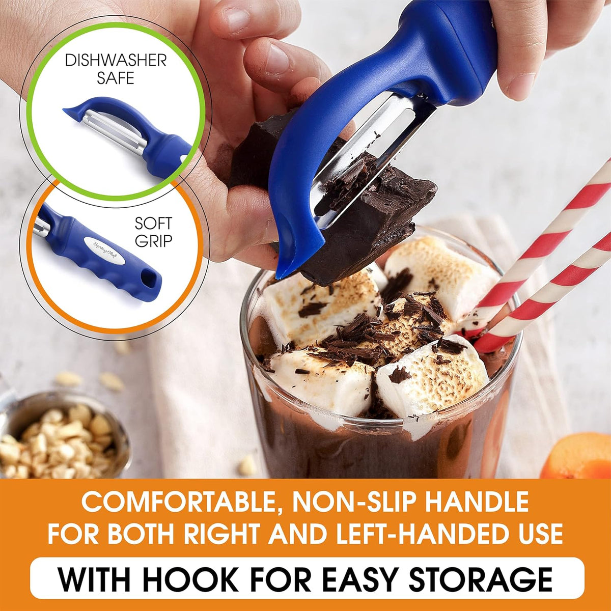 Spring Chef Premium Swivel Vegetable Peeler, Soft Grip Handle and Ultra Sharp Stainless Steel Blades - Perfect Kitchen Peeler For Veggie, Fruit, Potato, Carrot, Apple - Sapphire