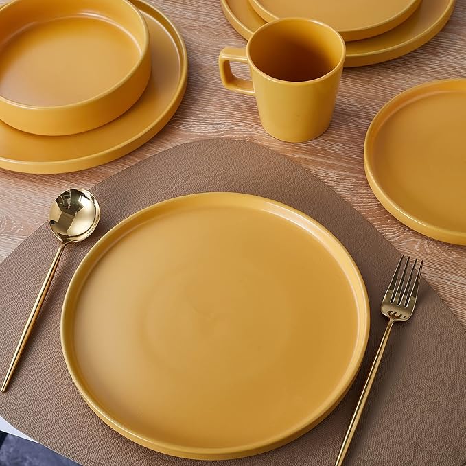 Stone Lain Cleo Modern Stoneware 32-Piece Dinnerware Set, Plates and Bowls Set, Pasta Bowls, Dish Set Service For 8, Yellow
